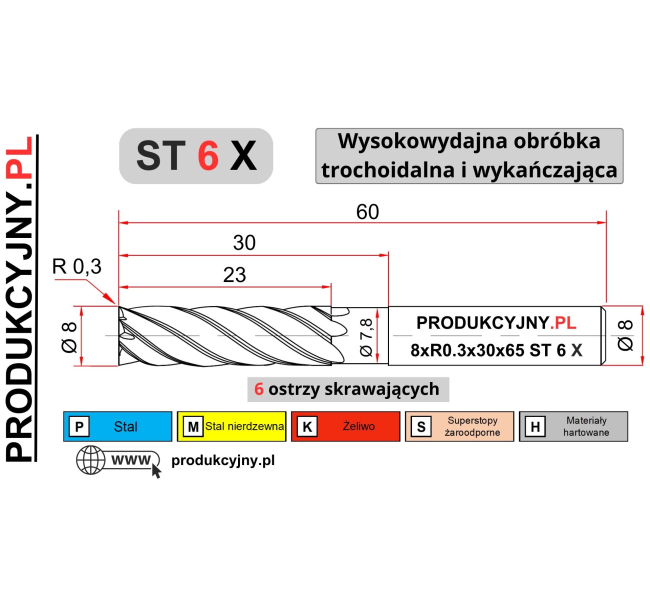 Frez trochoidalny fi 8 R0,3 ST 6 X